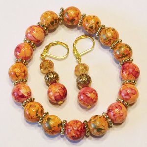 Handmade Orange Glass Beaded Stretch Bracelet  &  Matching Earrings - 7.…